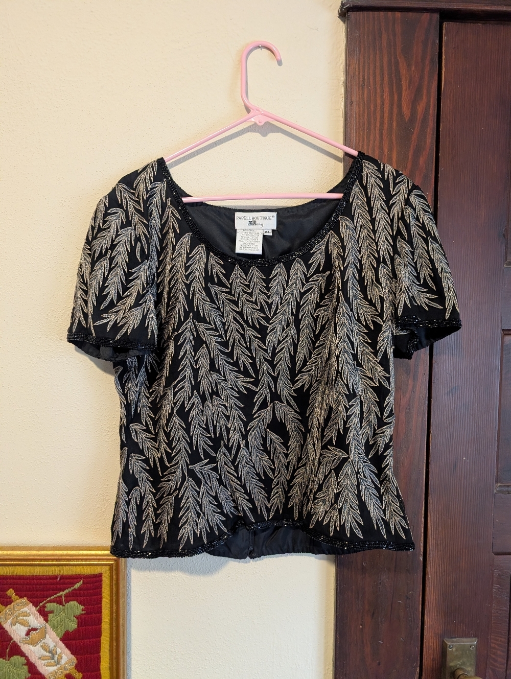 Papell Boutique Vintage 100% Silk Black And Gold Beaded Dress Top